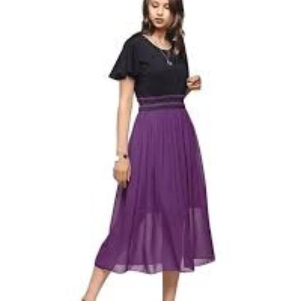 Chiffon Maxi Bohemian High Waist Flowy Dress Purple Black Size XL NWT #DS-1710